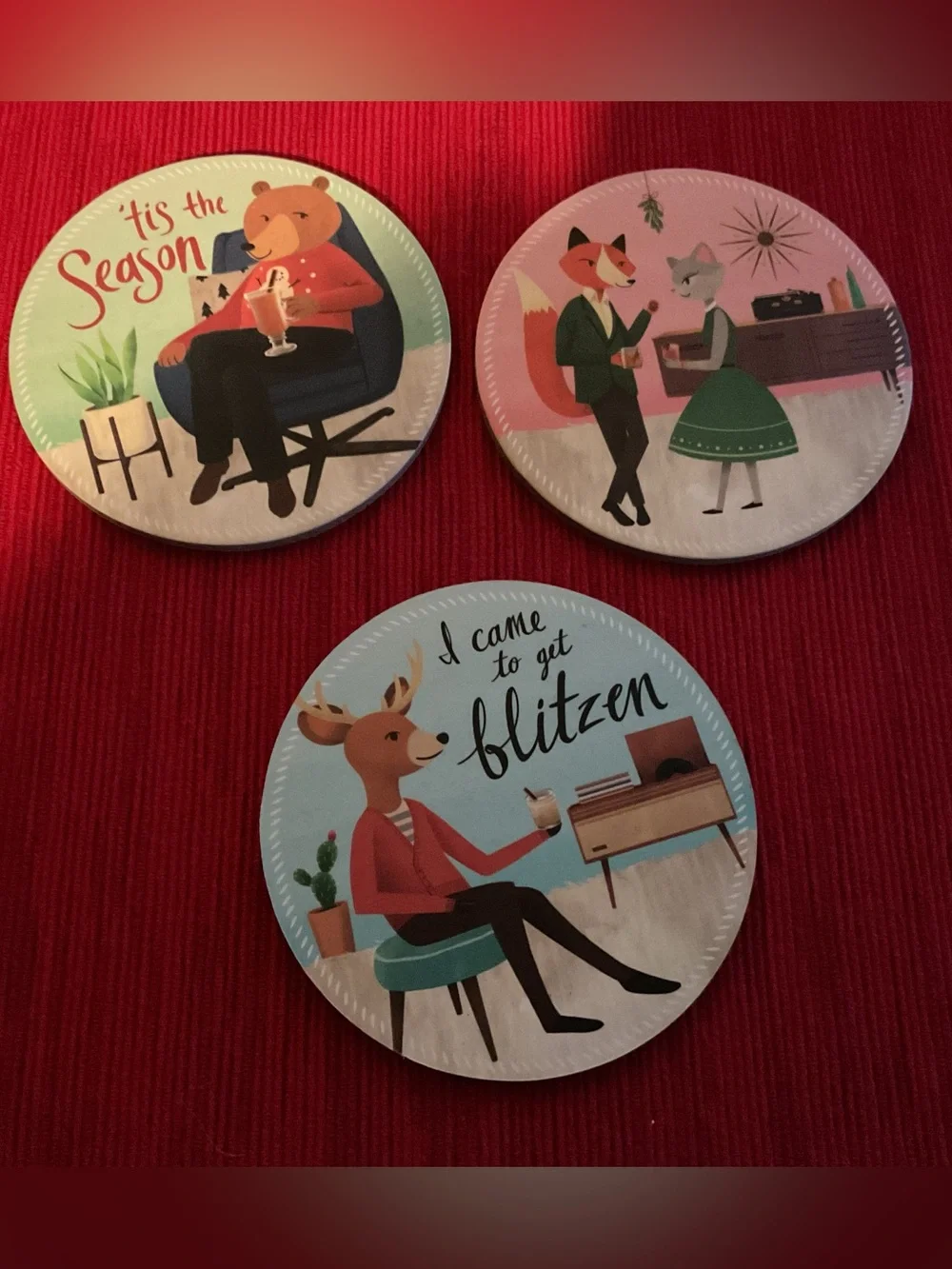 NIB Molly & Rex Holiday Cocktail Coasters in Retro Animal Design, Set of 12